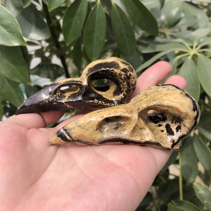 Two picture jasper bird skull carvings on hand, mystical and earthy tones.
