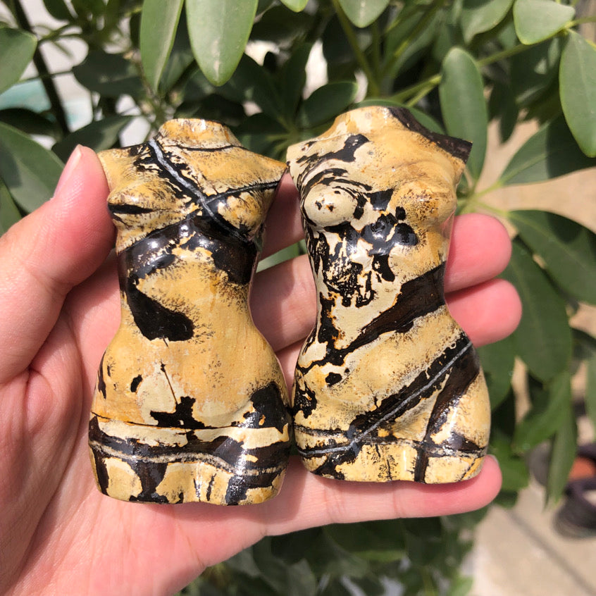 Two Picture Jasper body figure carvings with unique black abstract stone markings