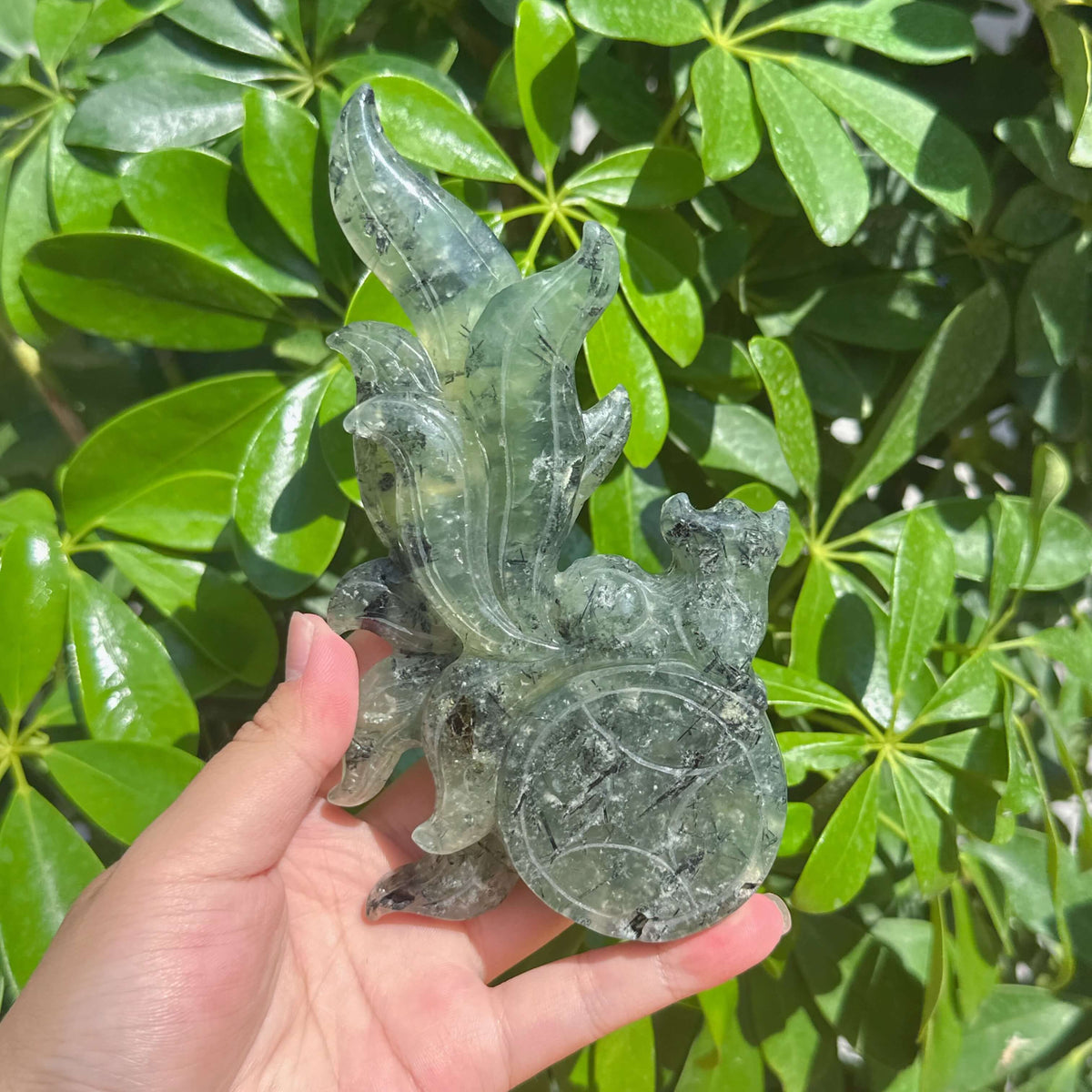 Prehnite Nine-tailed Fox Carving