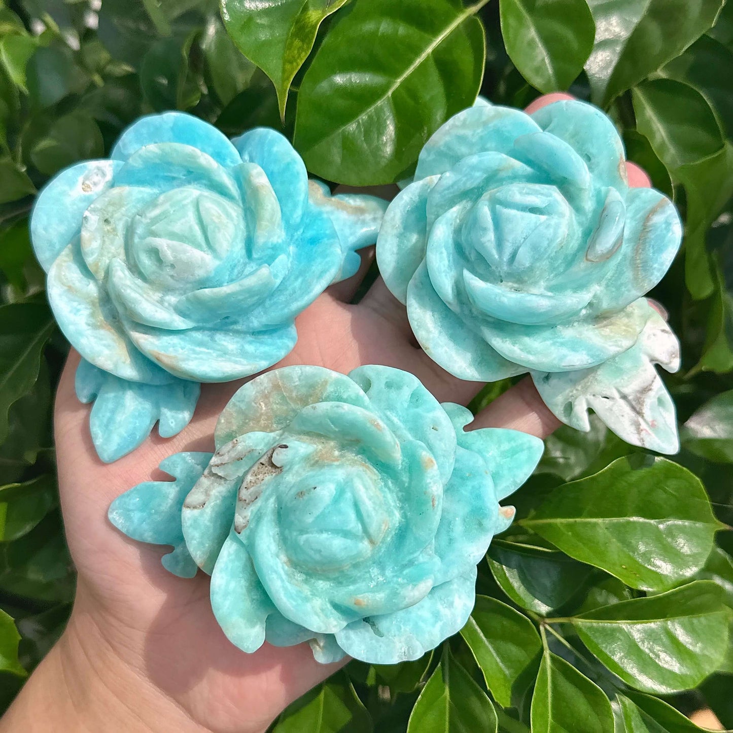 Hemimorphite Rose Carving showcasing the delicate rose details and the natural turquoise hue of the crystal.