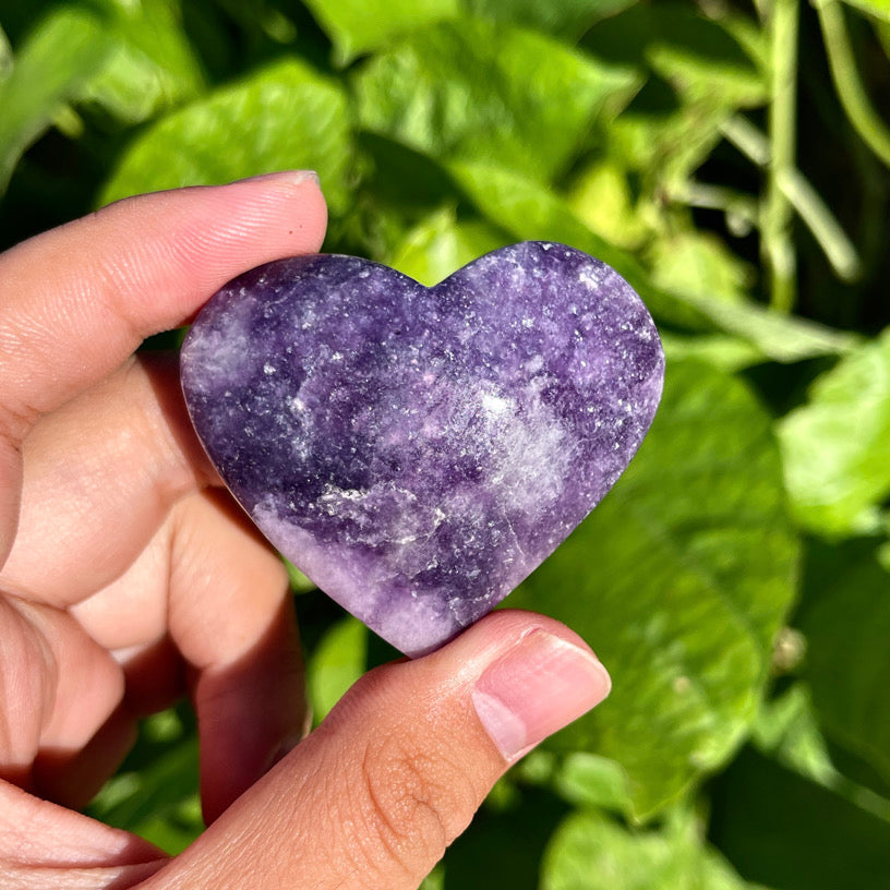 Lepidolite heart crystal with soft purple color and mica shimmer