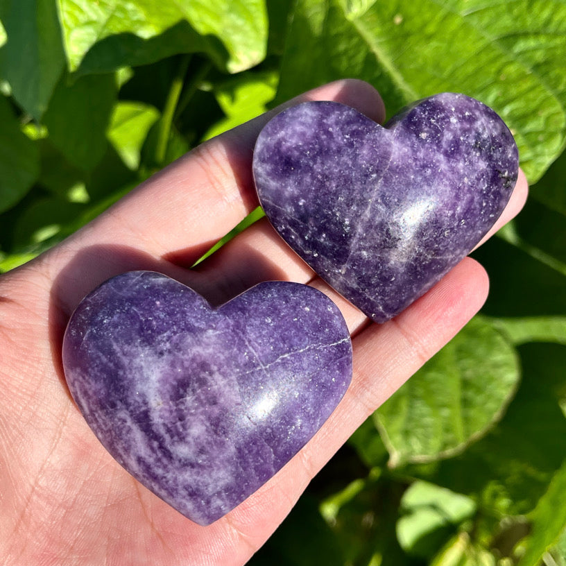 Heart-shaped lepidolite crystal with calming purple tones