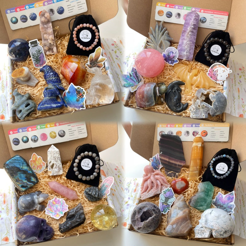 Large crystal mystery box with amethyst, fluorite, jasper, heart stones, towers, and chakra bead bracelets.