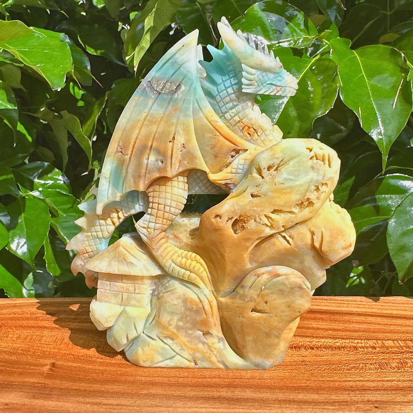Close-up view of Amazonite Dragon Carving highlighting its unique texture and craftsmanship.
