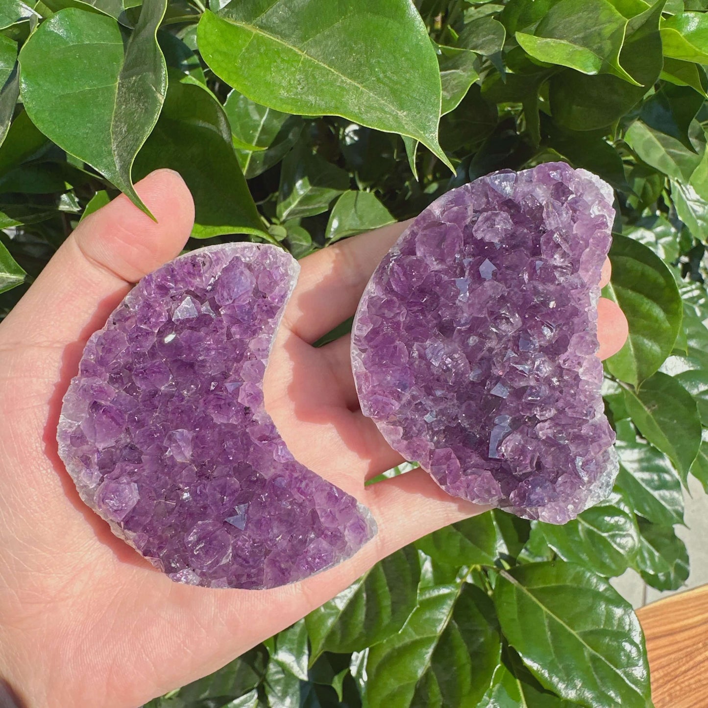 Side view of Amethyst Cluster Moon showcasing detailed crystal growth and natural shine, ideal for healing and meditation.