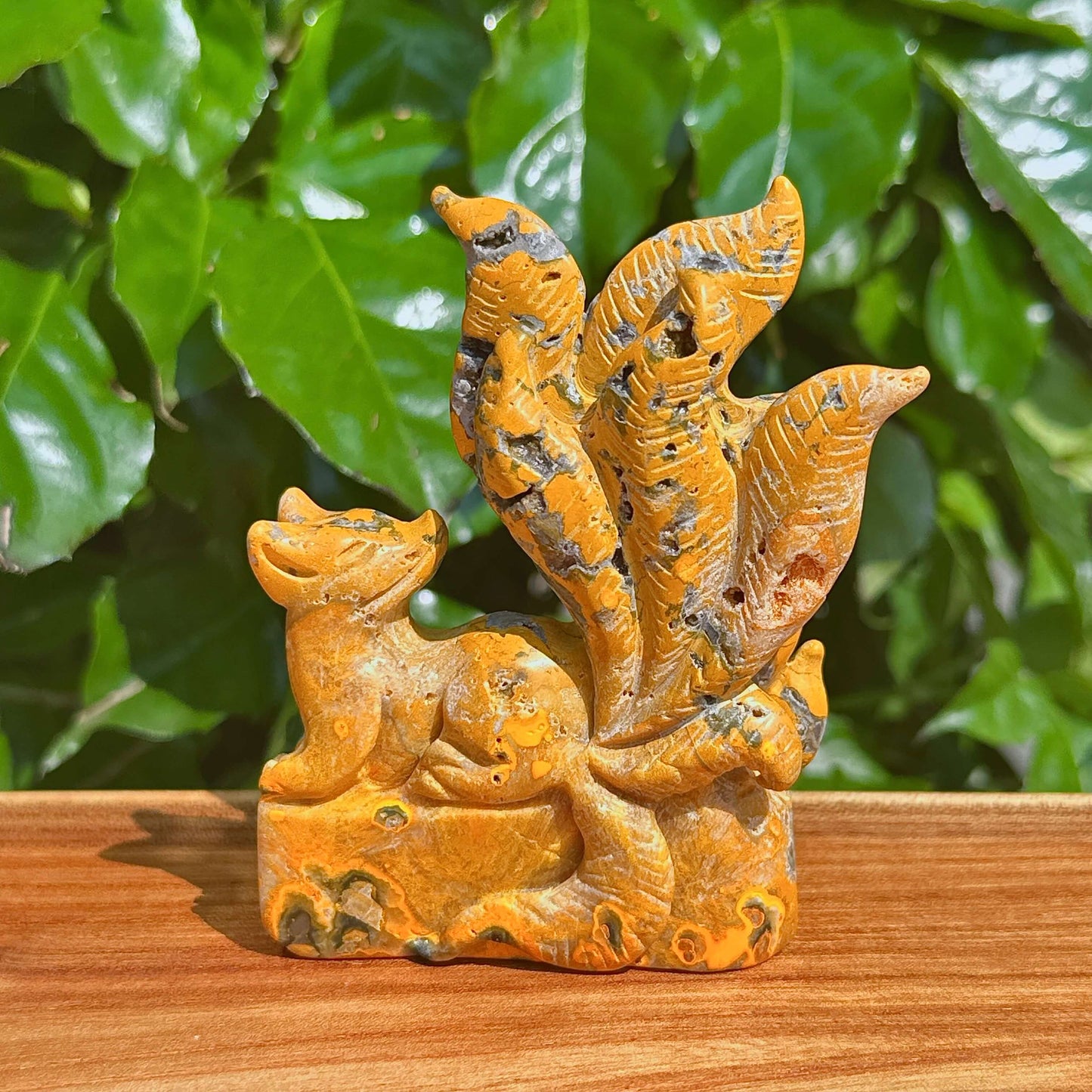 Bumble Bee Jasper Nine-Tailed Fox Carving highlighting the skillful craftsmanship and natural beauty of the stone.