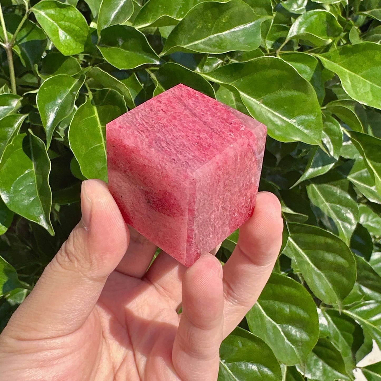 Close-up view of a Cherry Rhodonite Cube, showcasing its intricate natural texture and vibrant colors, perfect for crystal energy work and meditation.