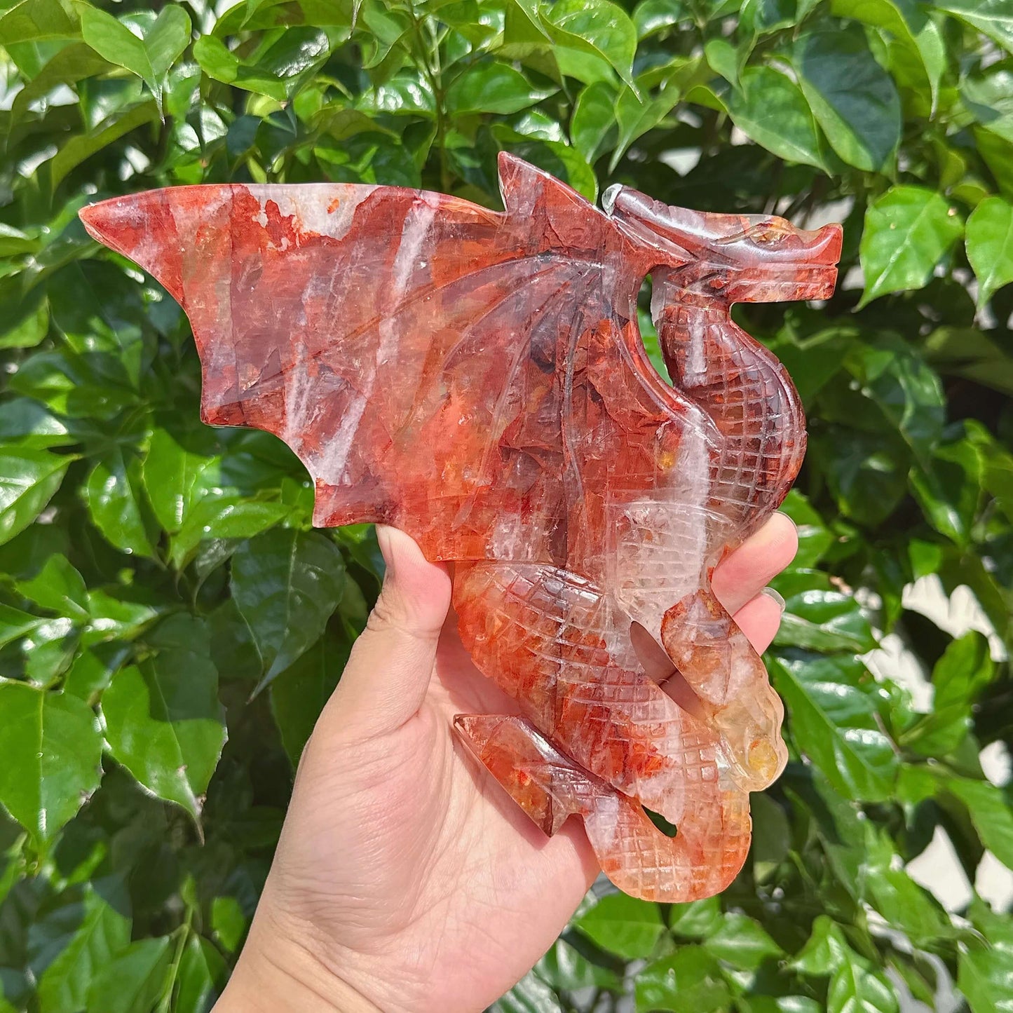 Handcrafted Fire Quartz Dragon Carving, showcasing a powerful dragon sculpture made from natural fire quartz.