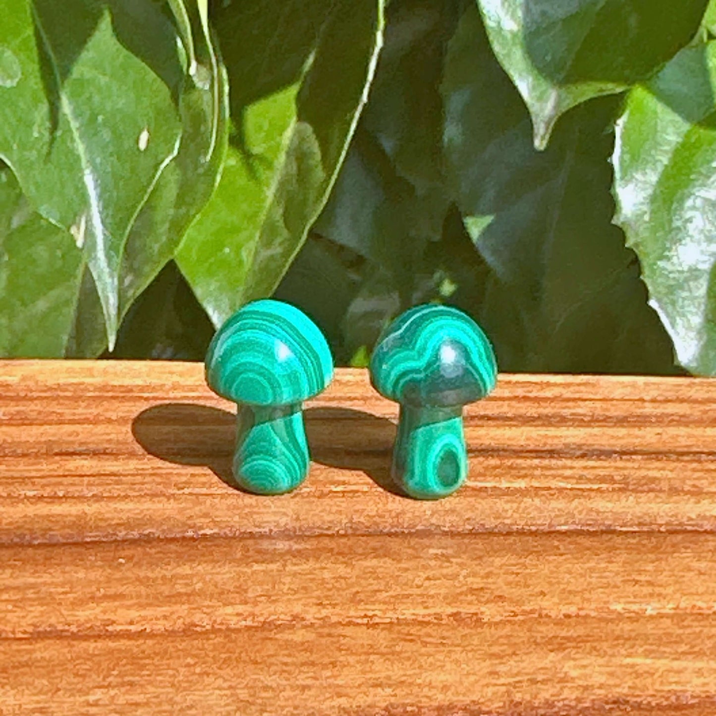 Close-up view of a Malachite Mini Mushroom, highlighting its smooth surface and striking green swirls.