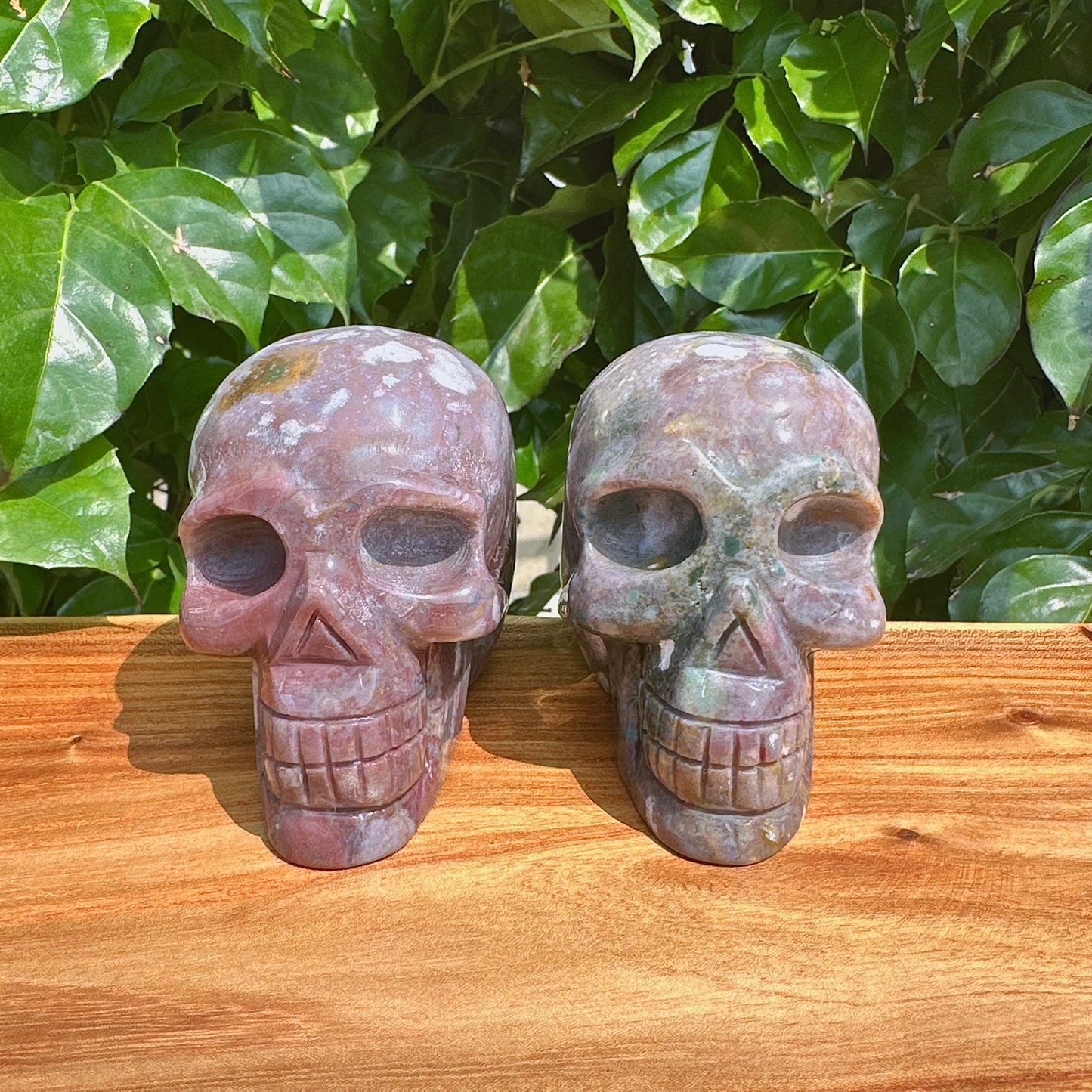 Detailed angled view of the Ocean Jasper skull carving, highlighting its smooth texture and artistic design.