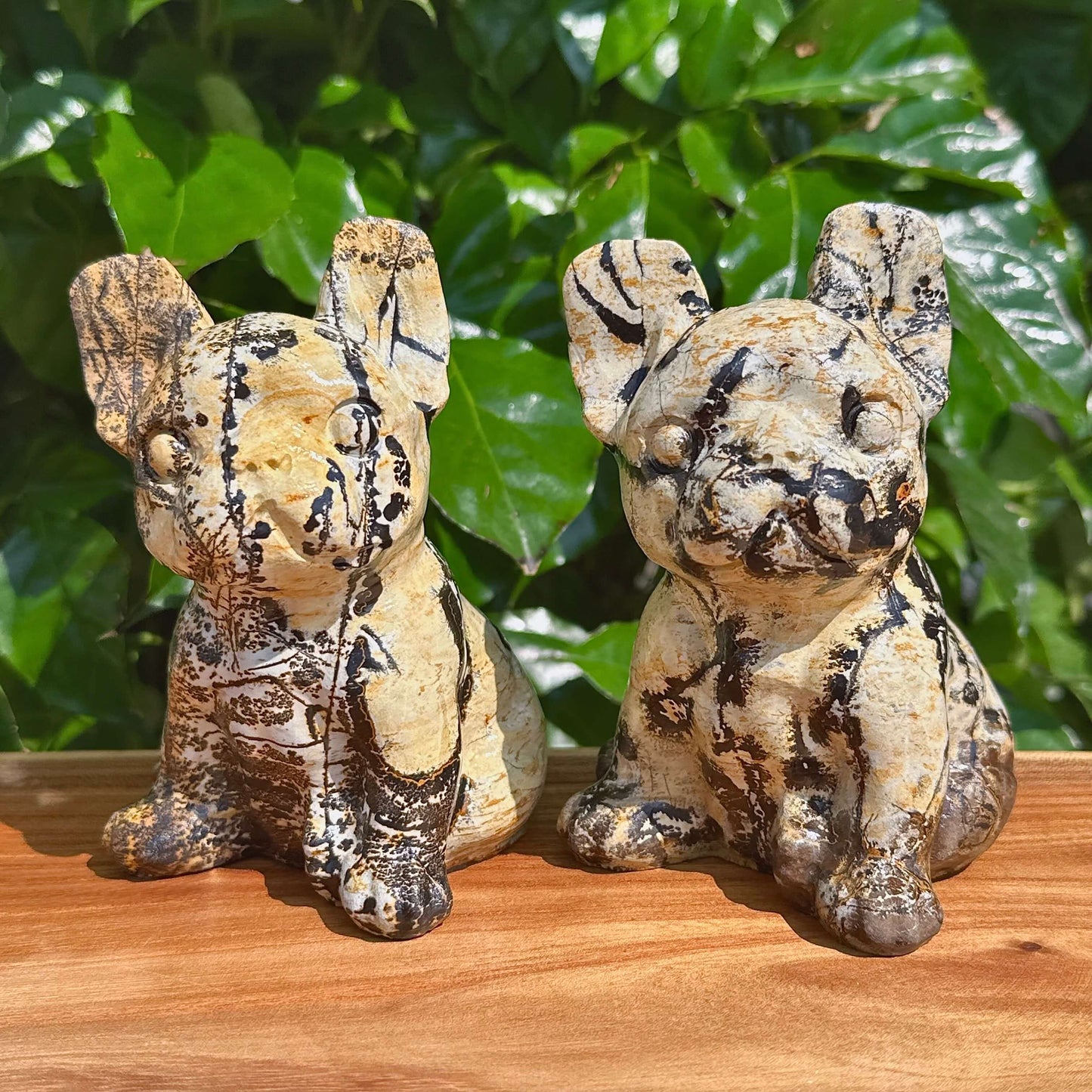 Handheld Picture Jasper French Bulldog carving with a polished finish.