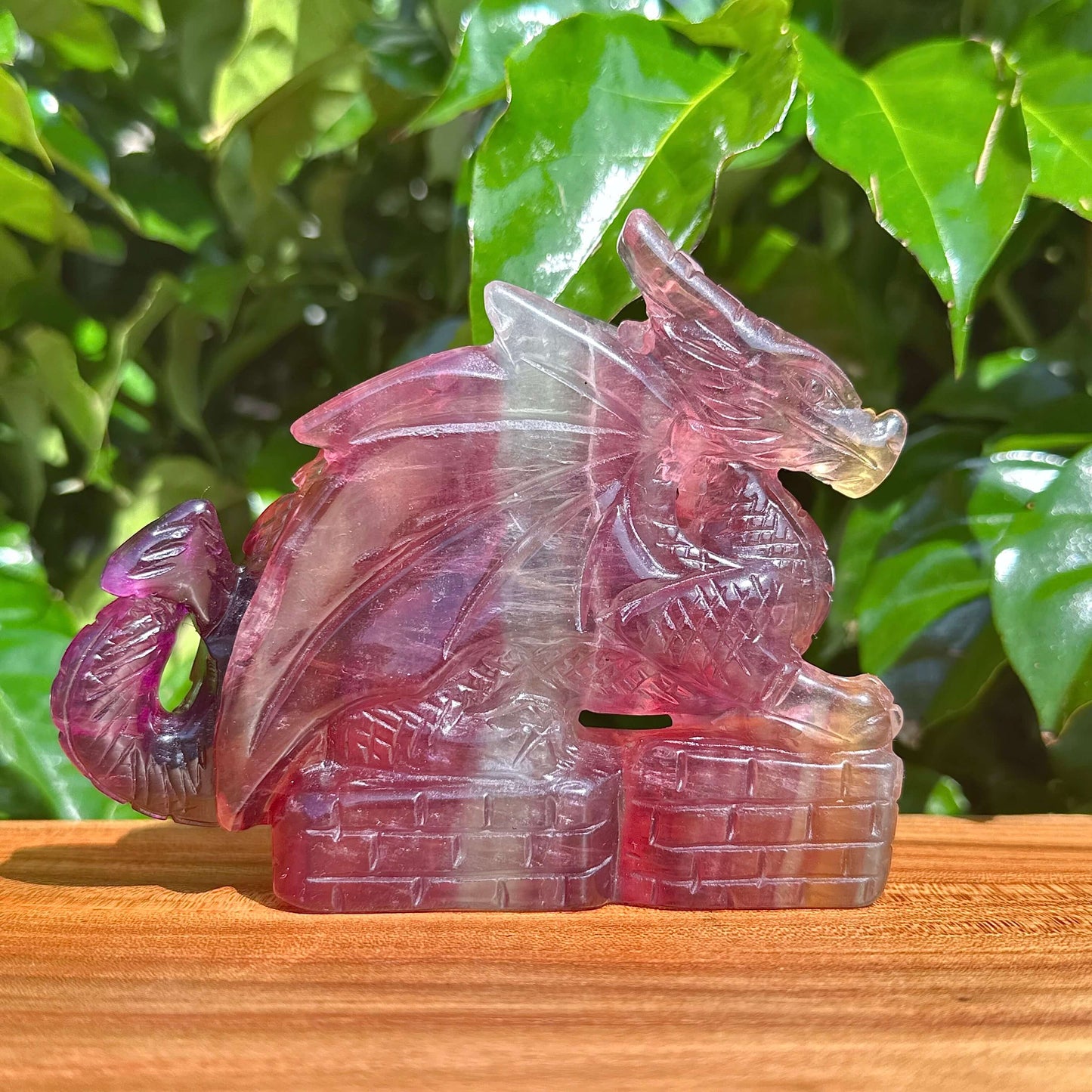 Rainbow Fluorite Dragon Carving with intricate detailing and vibrant color transition.