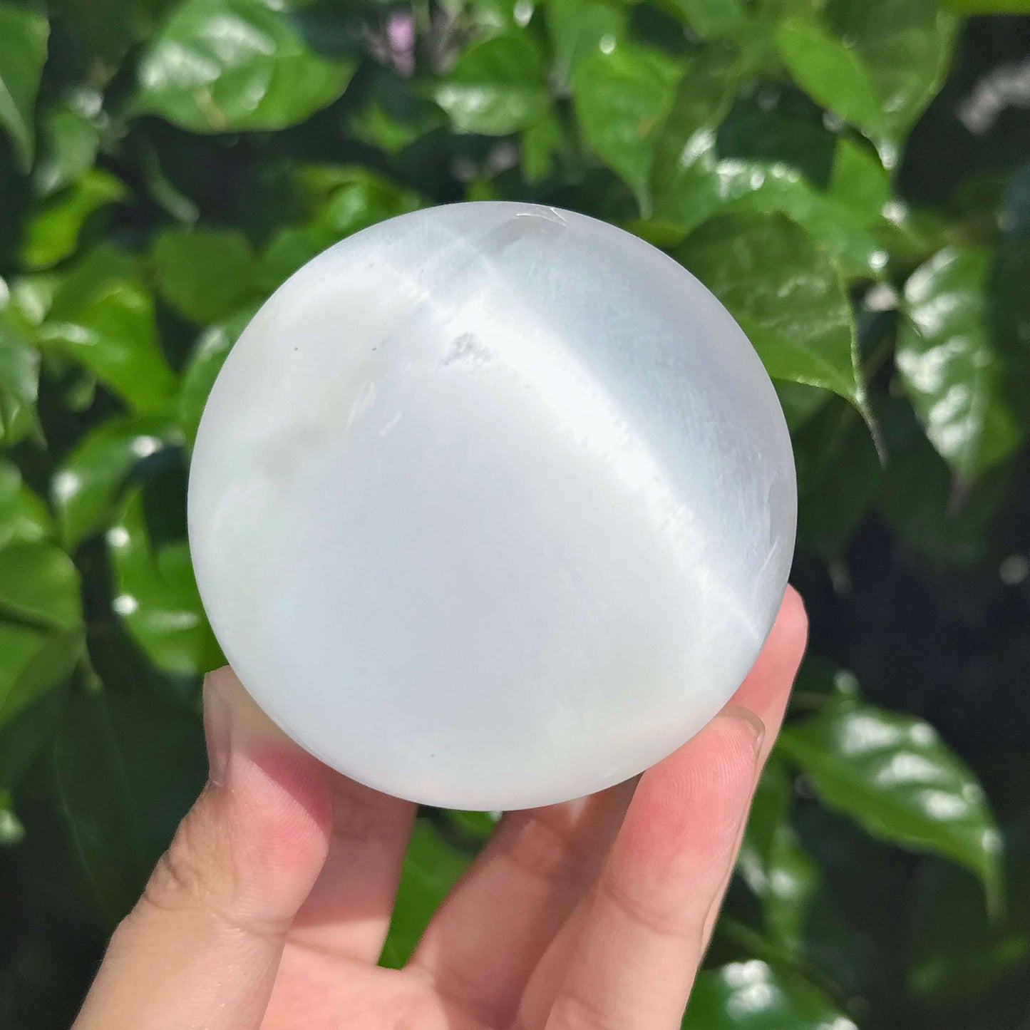 Selenite sphere with smooth, translucent surface, reflecting calming white light and energy.