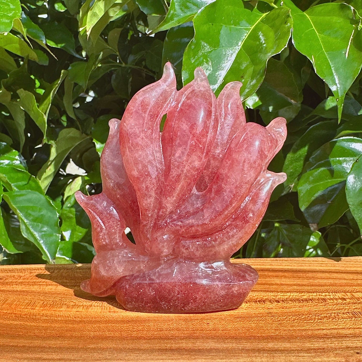 Back view of the Strawberry Quartz Nine-Tailed Fox Carving, featuring a detailed fox with its signature tails.