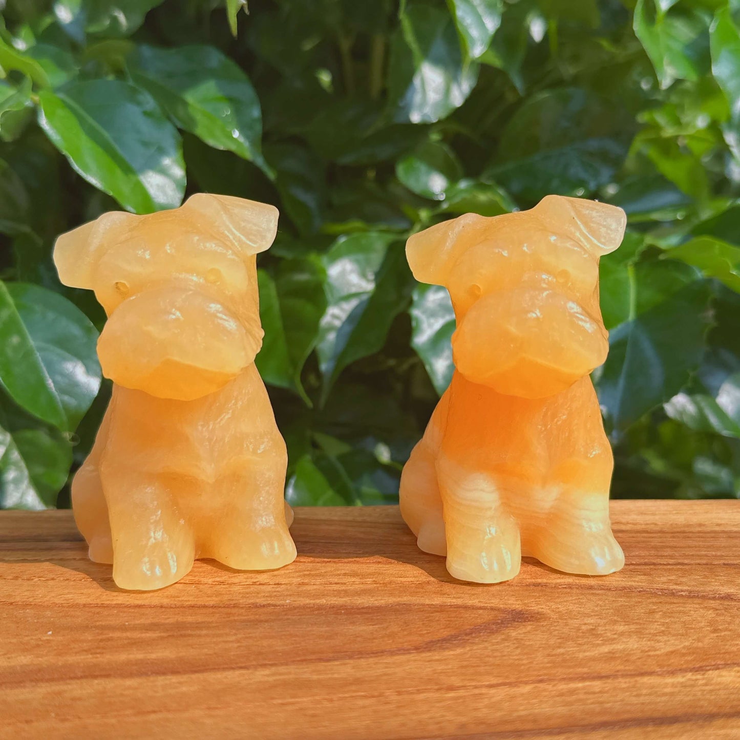 Unique Yellow Calcite Schnauzer Dog Carving, featuring natural orange hues and fine detailing.