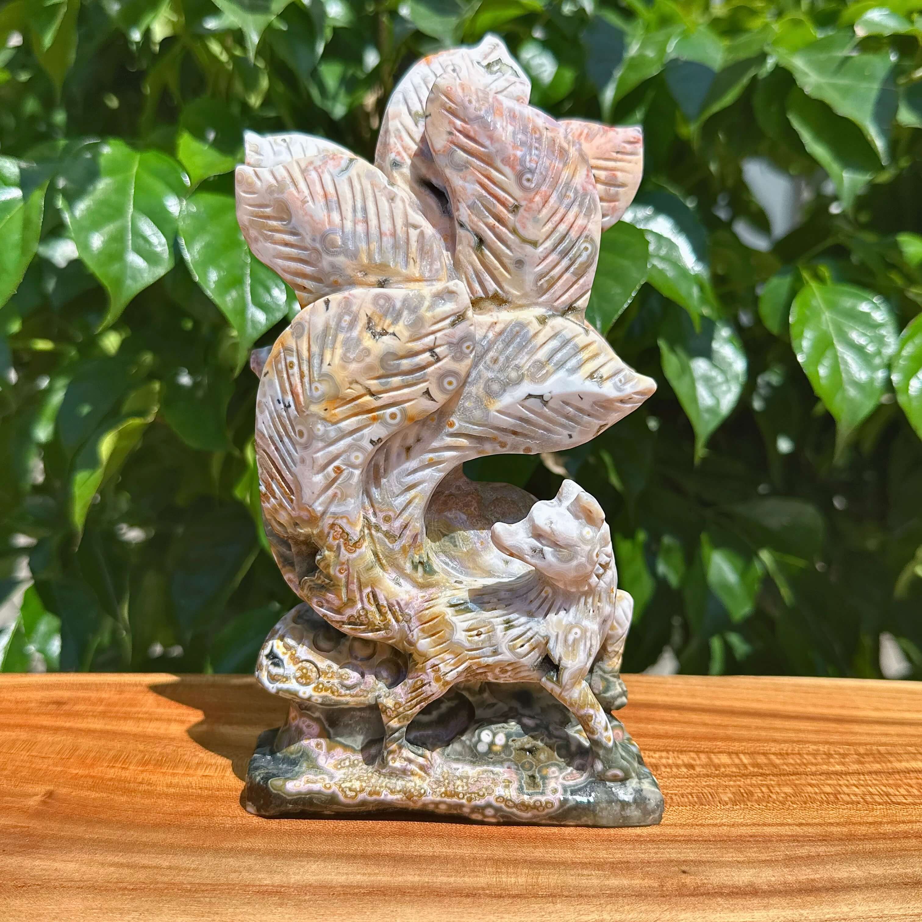 8th Vein Ocean Jasper Nine-tailed Fox Carving