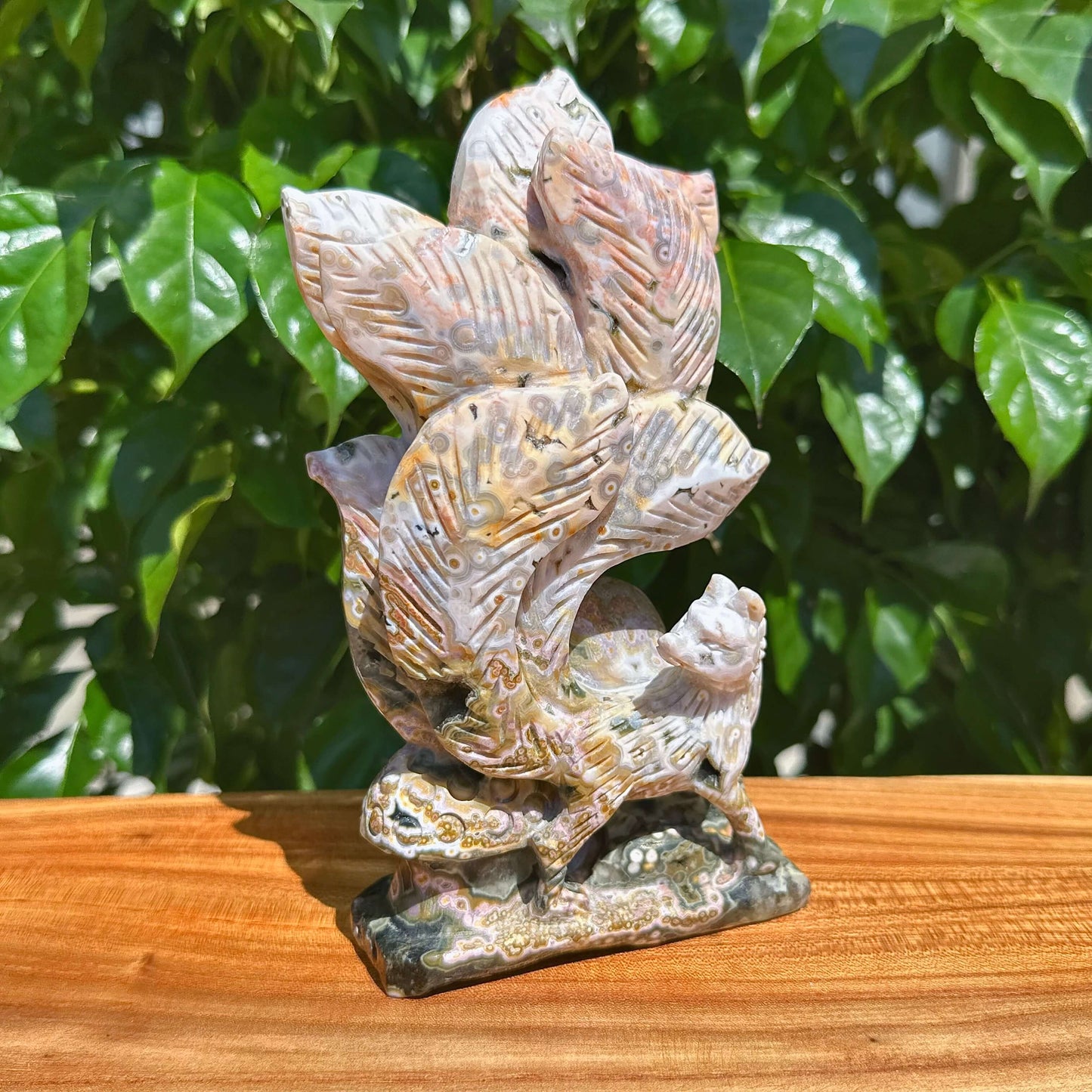 8th Vein Ocean Jasper Nine-tailed Fox Carving