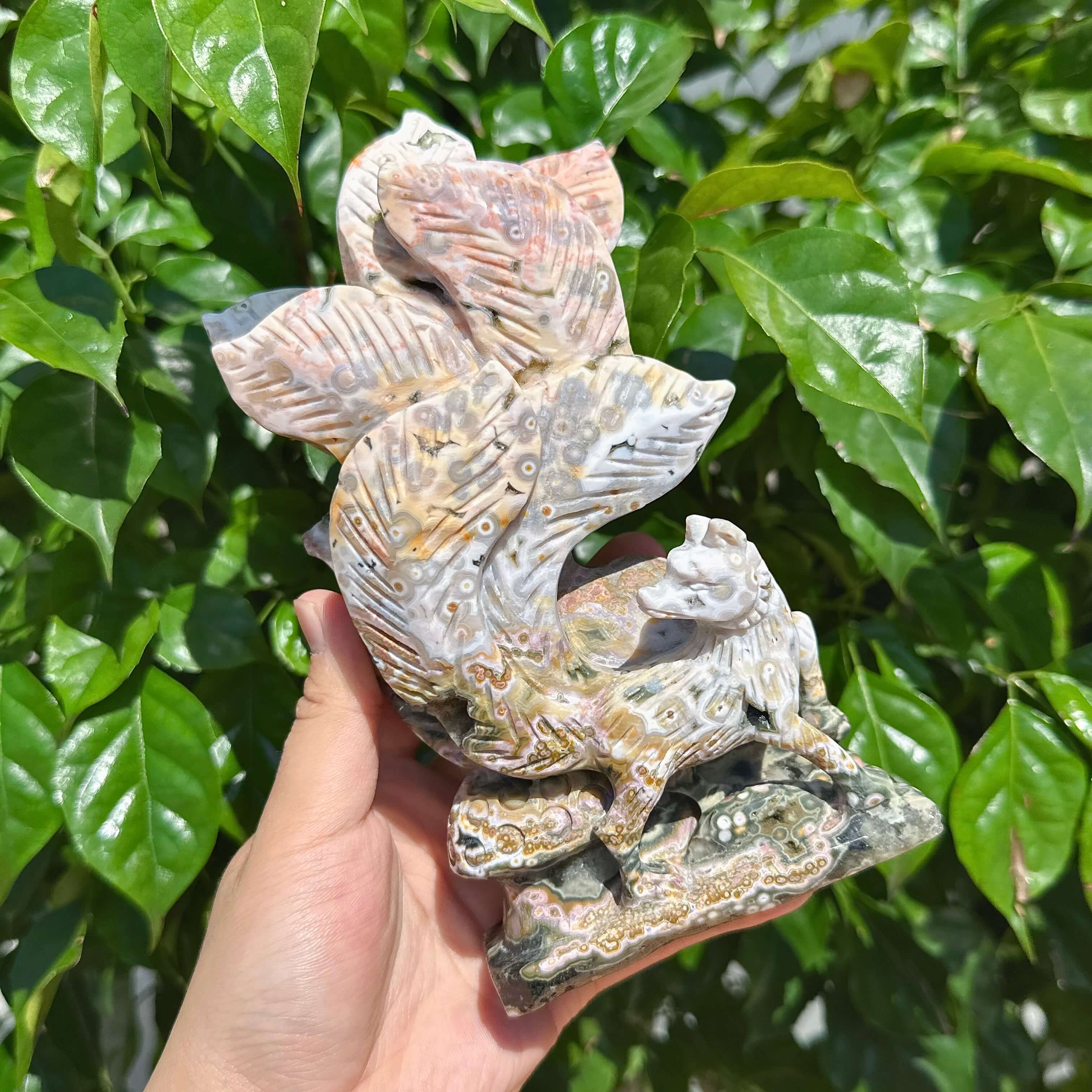8th Vein Ocean Jasper Nine-tailed Fox Carving