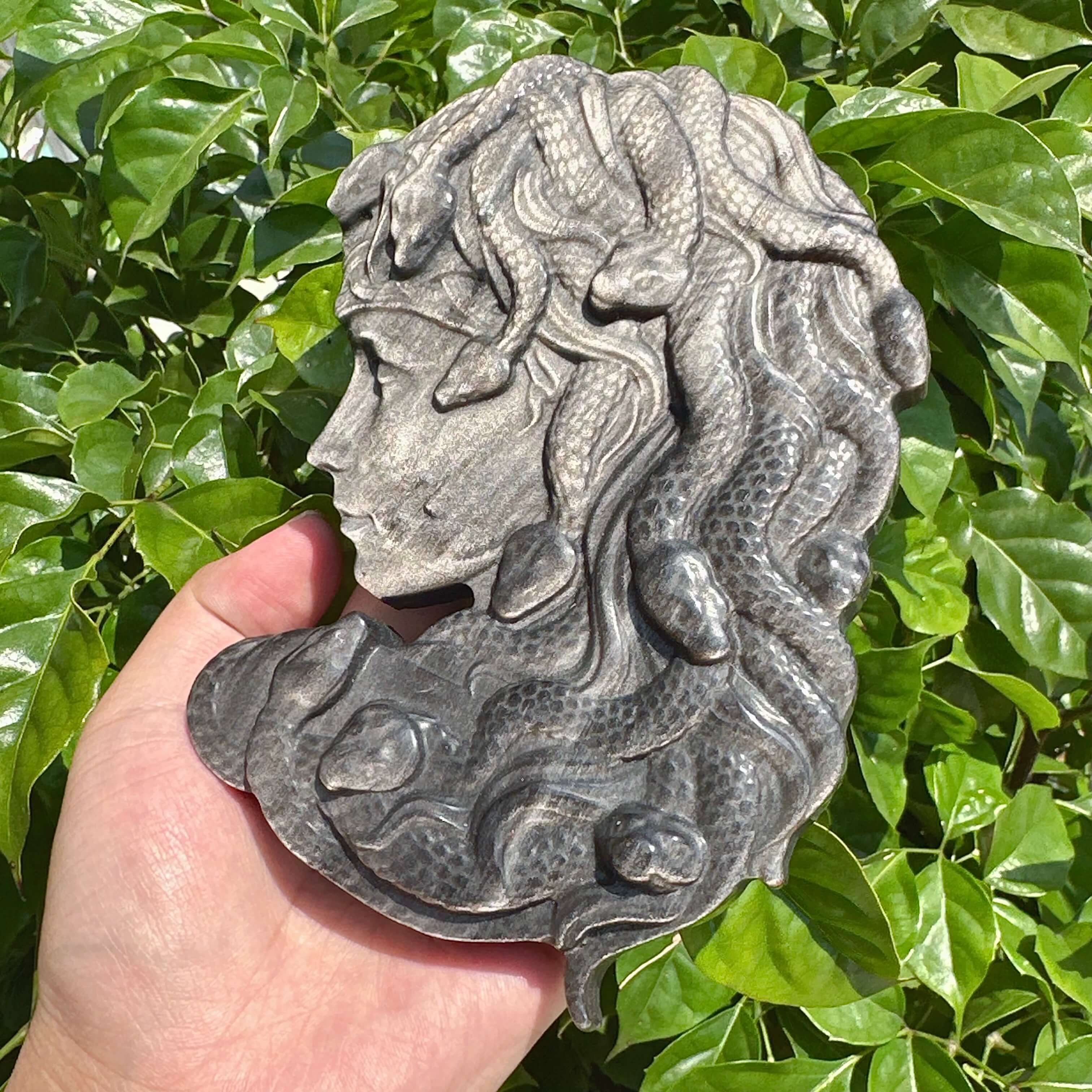 Silver Obsidian Medusa Carving