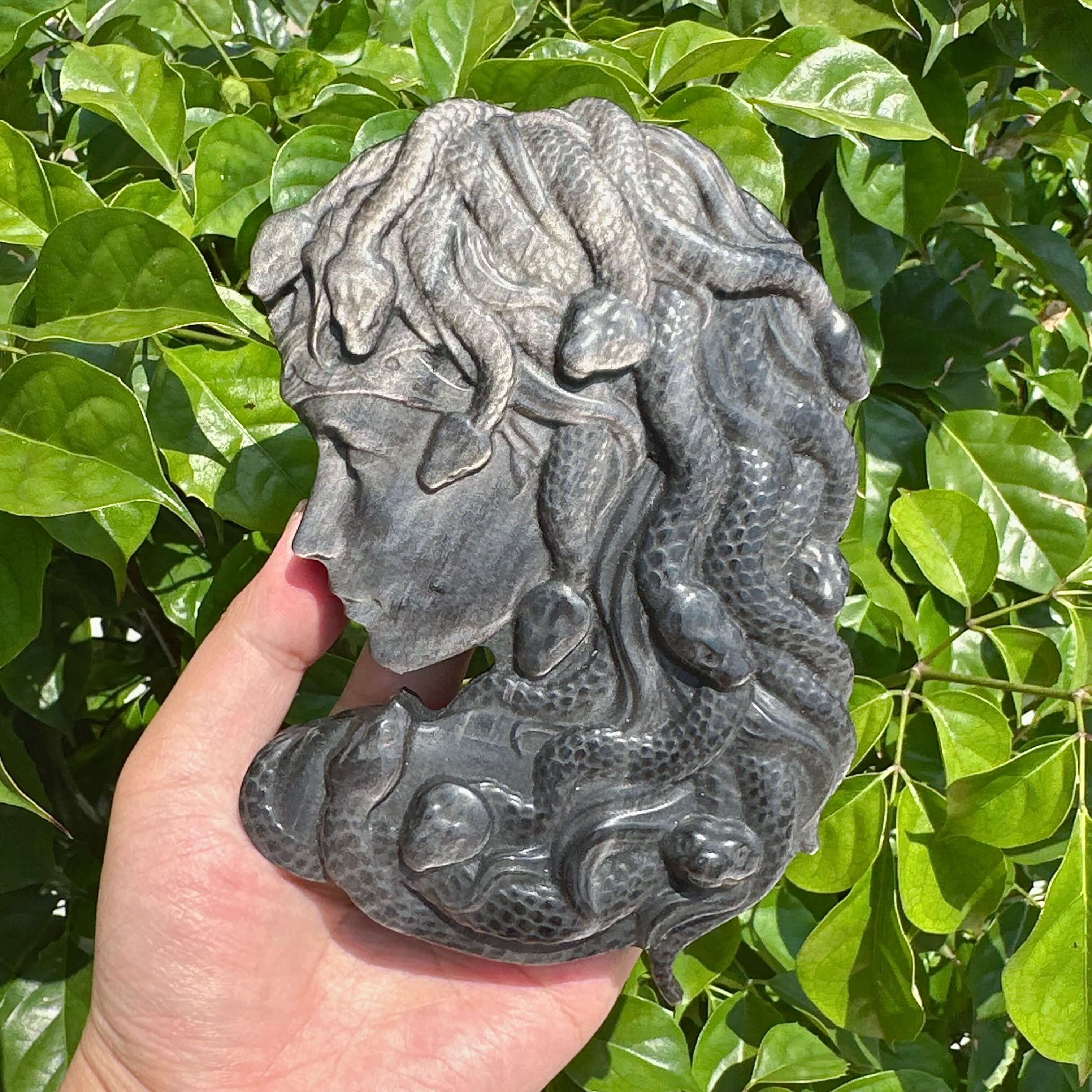 Silver Obsidian Medusa Carving