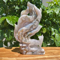 Flower Agate Nine-Tailed Fox Carving