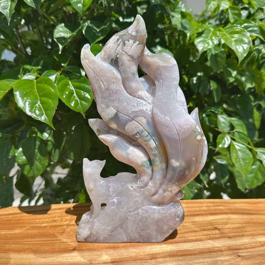 Flower Agate Nine-Tailed Fox Carving