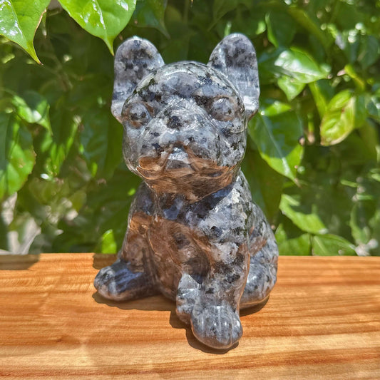 Larvikaite/White Jade French Bulldog Carving