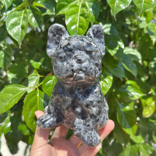 Larvikaite/White Jade French Bulldog Carving