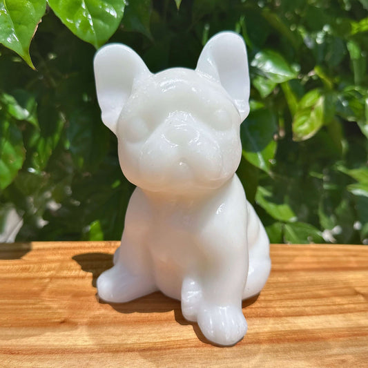 Larvikaite/White Jade French Bulldog Carving