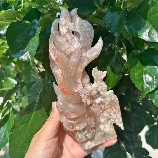 Flower Agate Nine-tailed Fox Carving