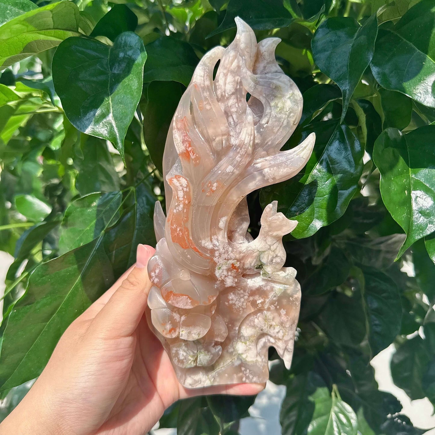 Flower Agate Nine-tailed Fox Carving