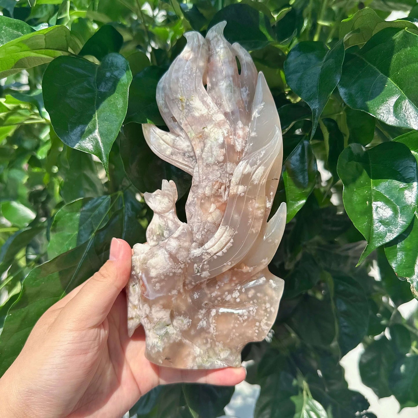 Flower Agate Nine-tailed Fox Carving