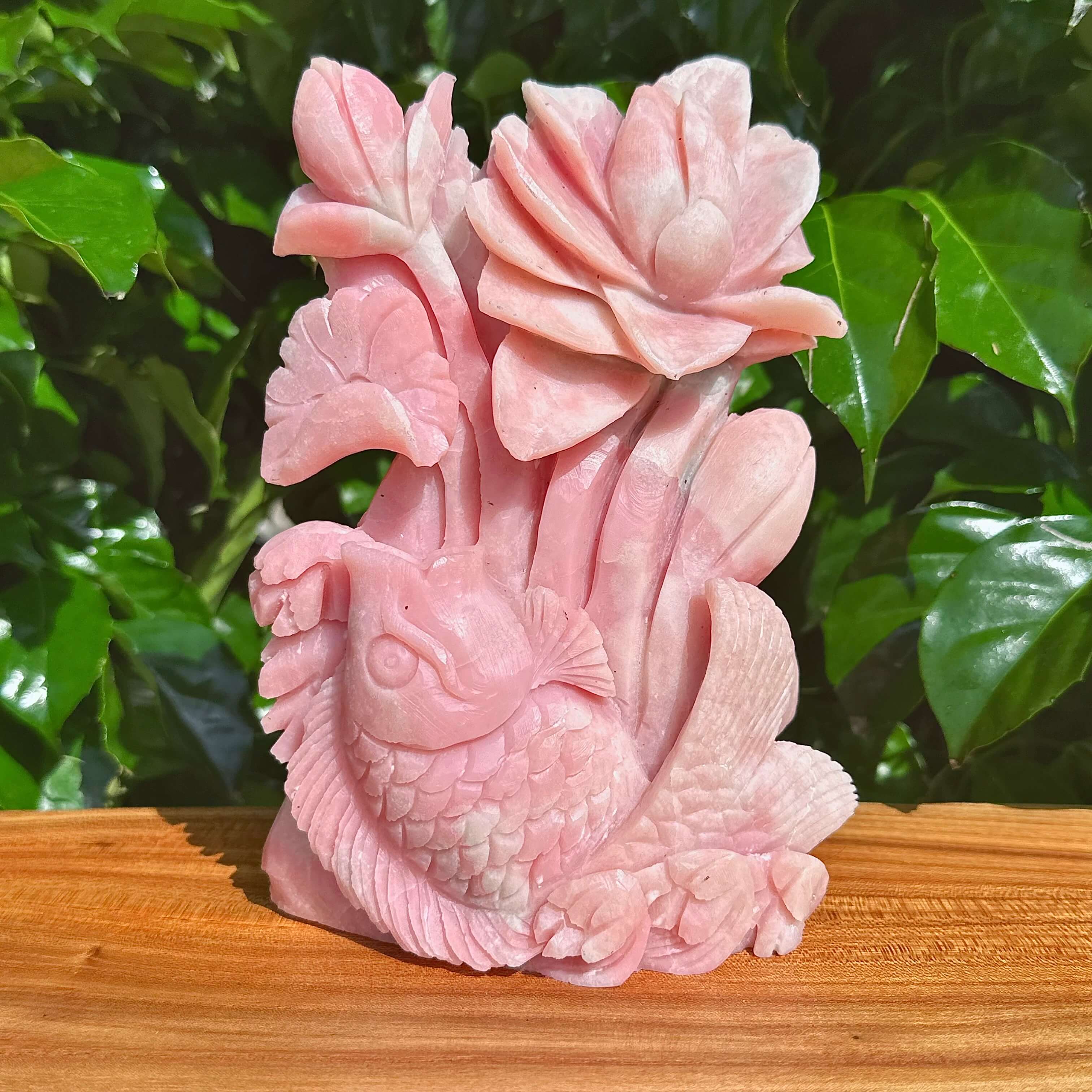 Pink Opal Lotus and Fish Carving