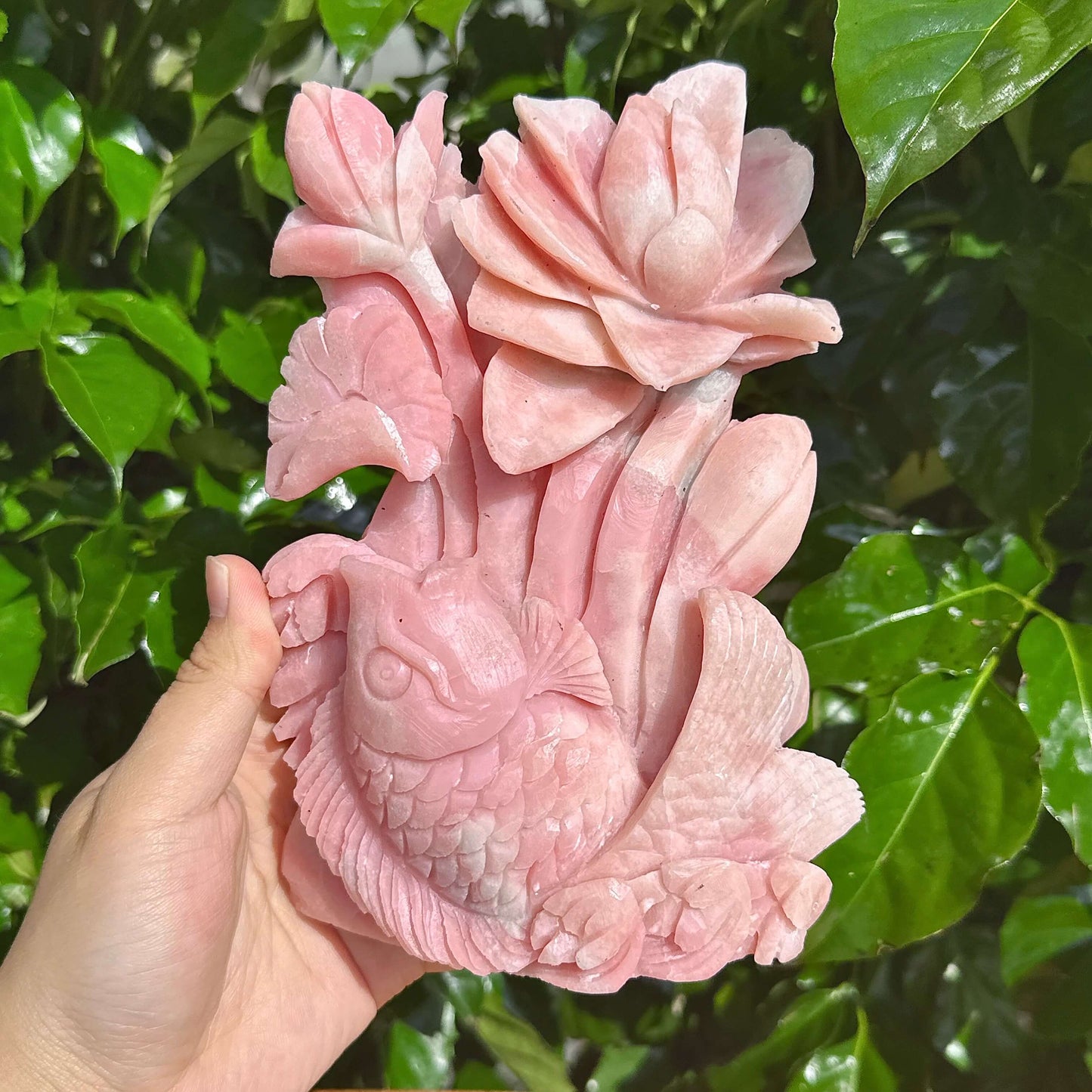 Pink Opal Lotus and Fish Carving
