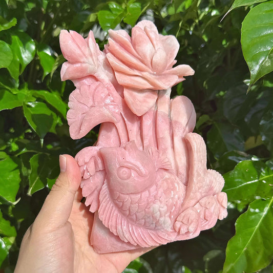 Pink Opal Lotus and Fish Carving