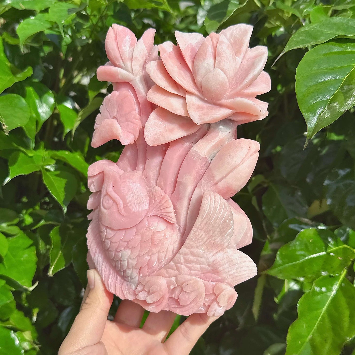 Pink Opal Lotus and Fish Carving