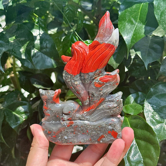 African Bloodstone Nine-tail Fox Carving