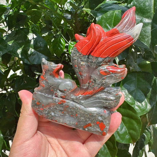 African Bloodstone Nine-tail Fox Carving