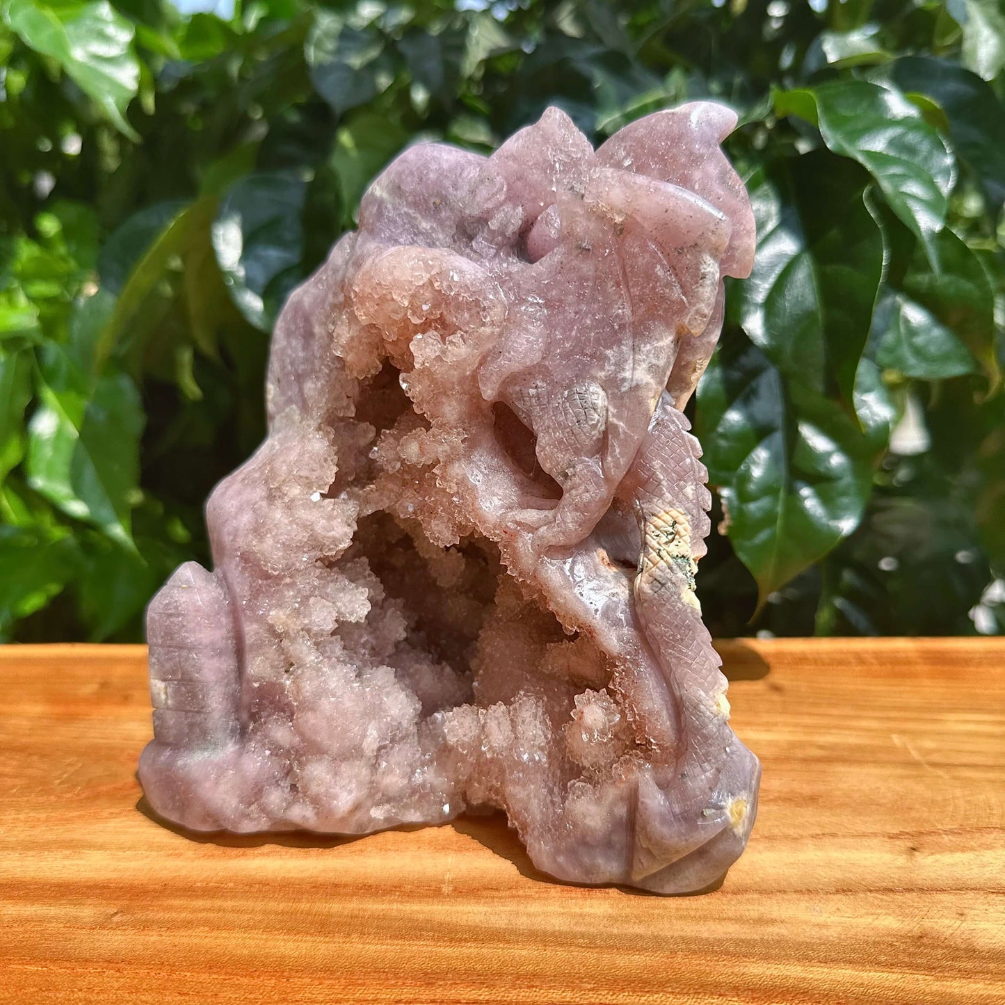 Geode Pink Amethyst Dragon Carving