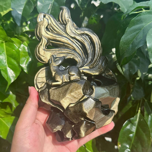 Golden Obsidian Nine-tailed Fox Carving
