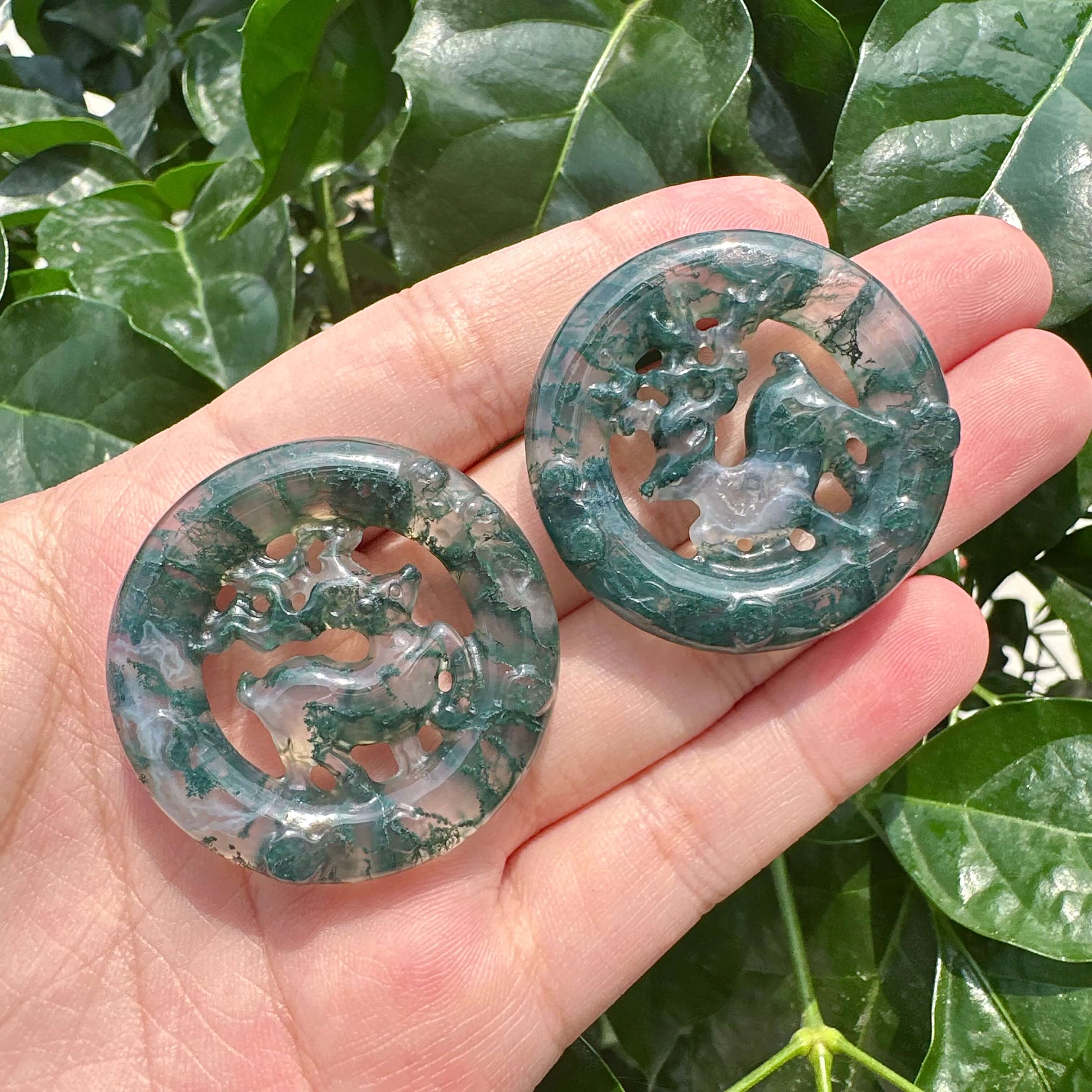 Moss Agate/Flower Agate Deer Ring Carving