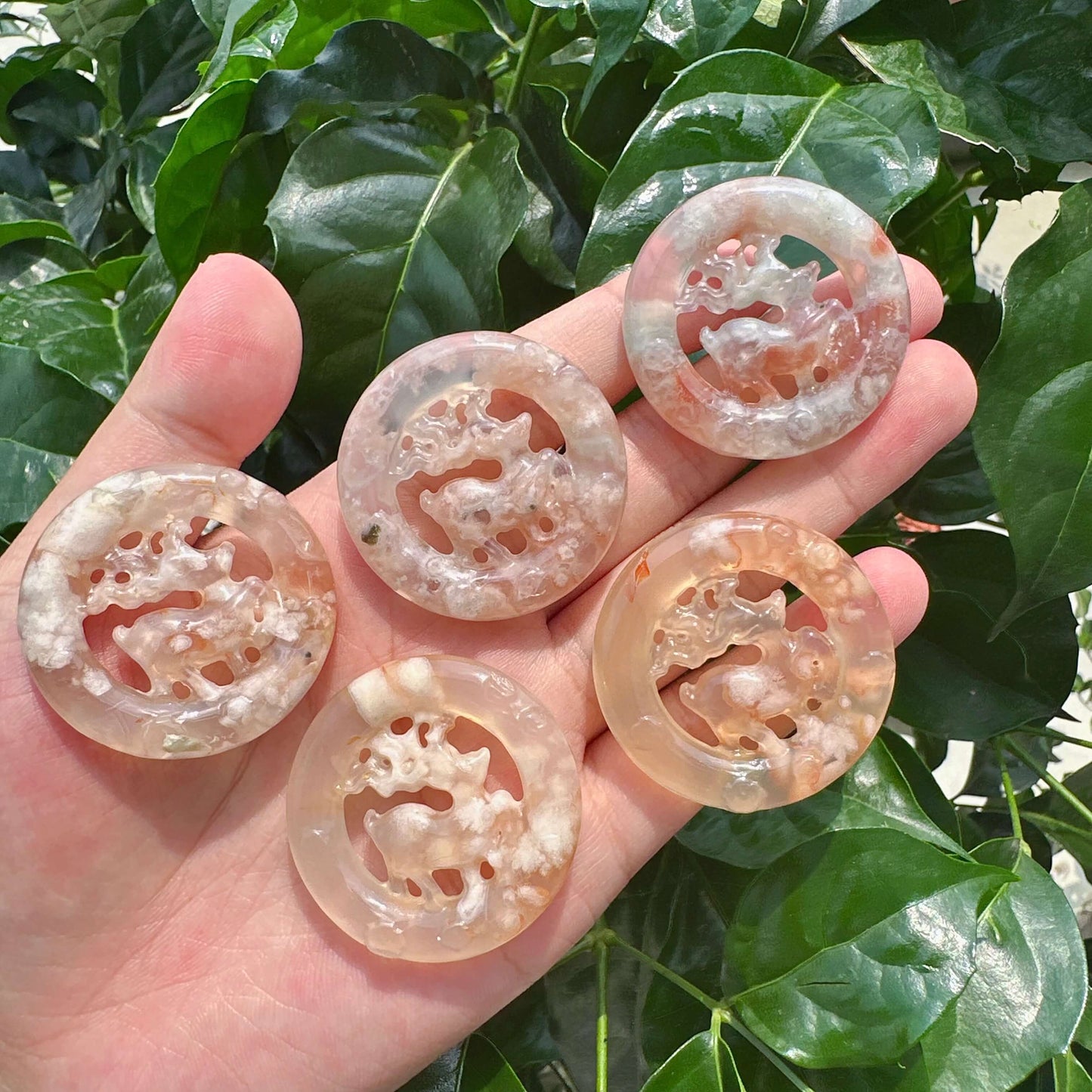 Moss Agate/Flower Agate Deer Ring Carving
