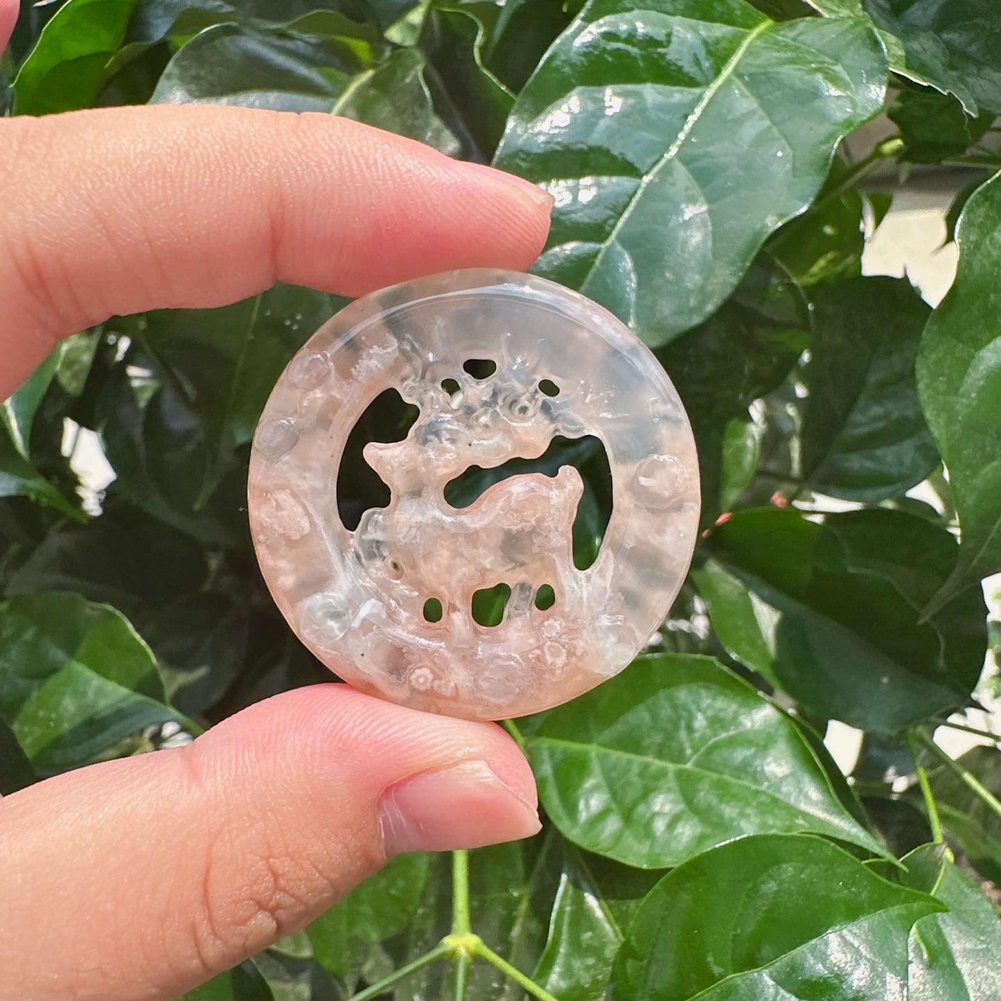 Moss Agate/Flower Agate Deer Ring Carving