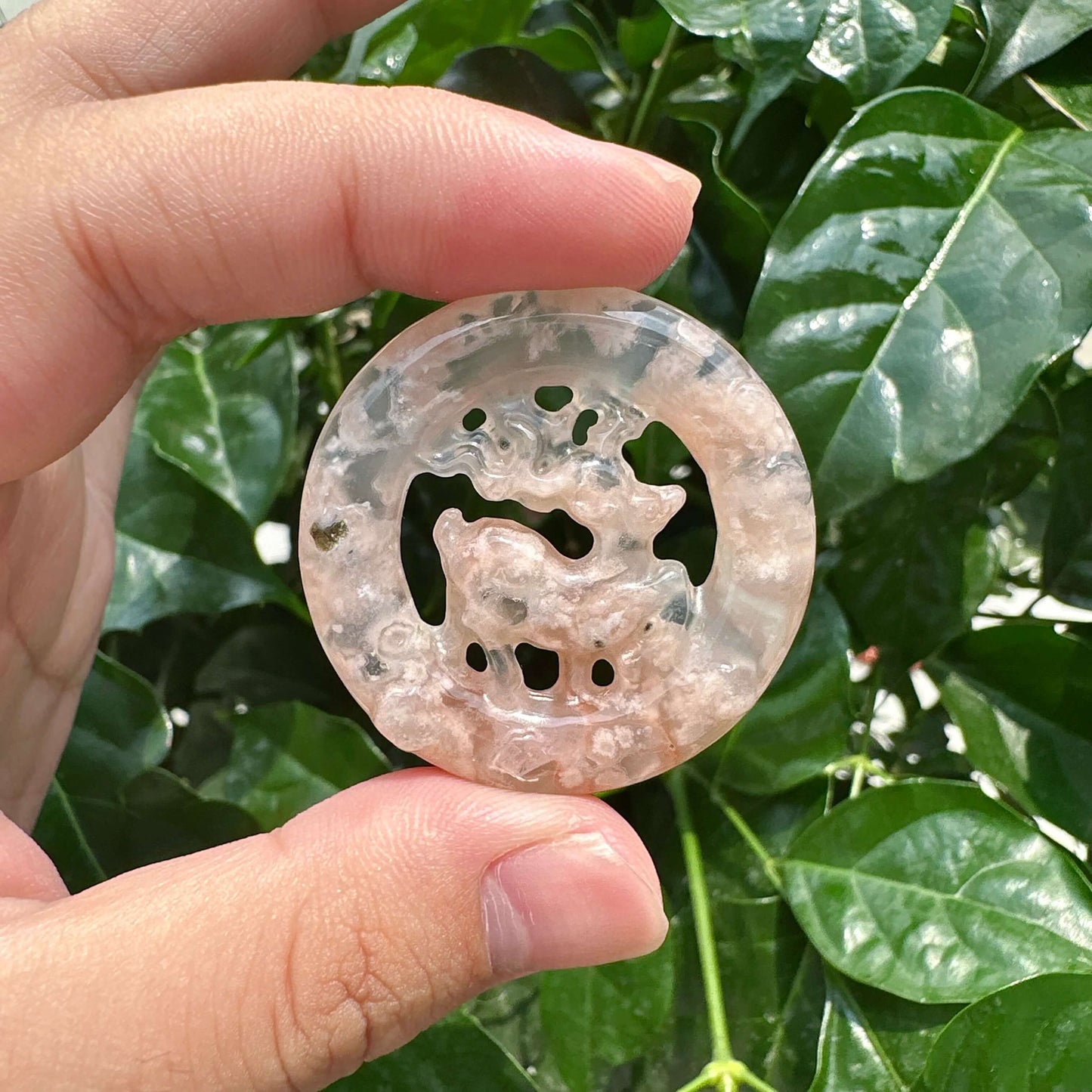 Moss Agate/Flower Agate Deer Ring Carving