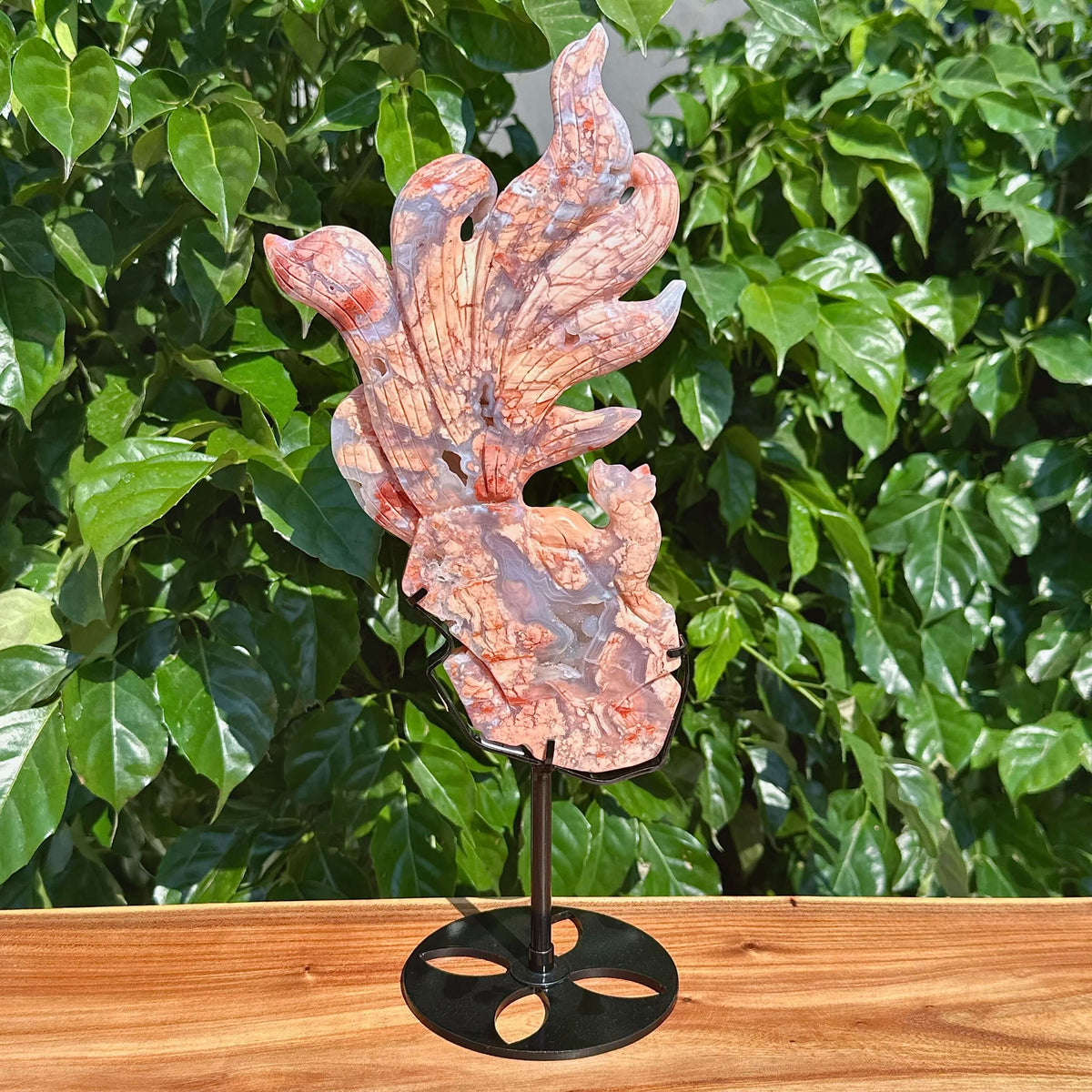 Pink Agate Nine-tailed Fox Carving