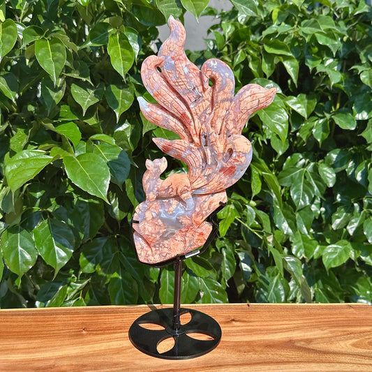 Pink Agate Nine-tailed Fox Carving