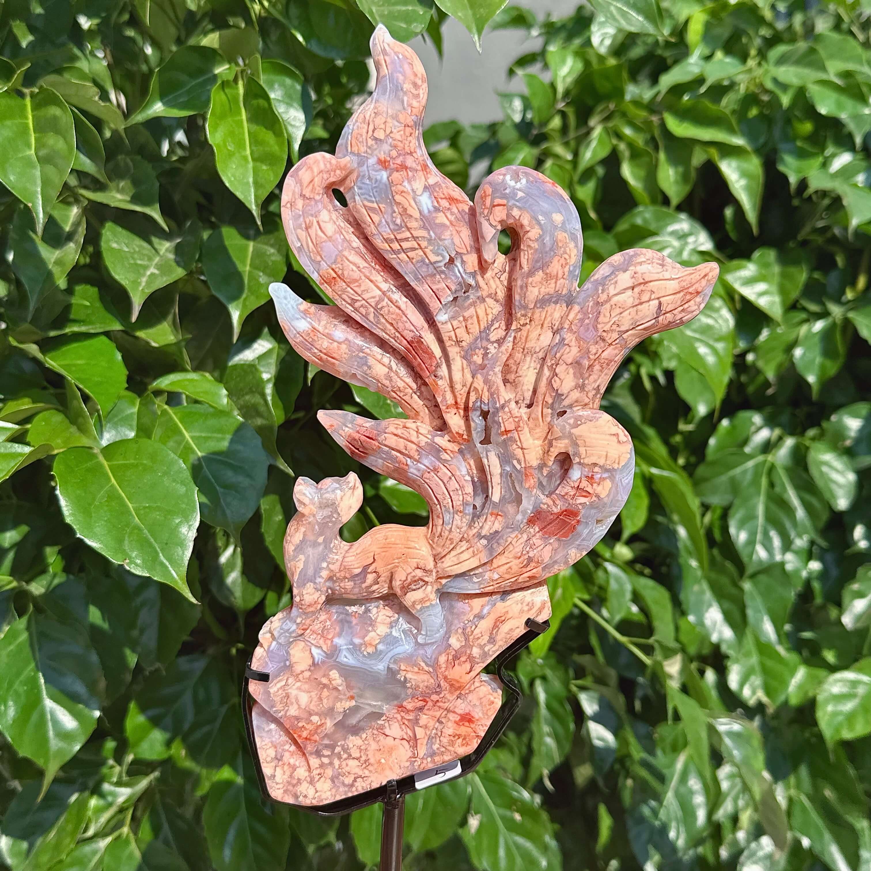 Pink Agate Nine-tailed Fox Carving