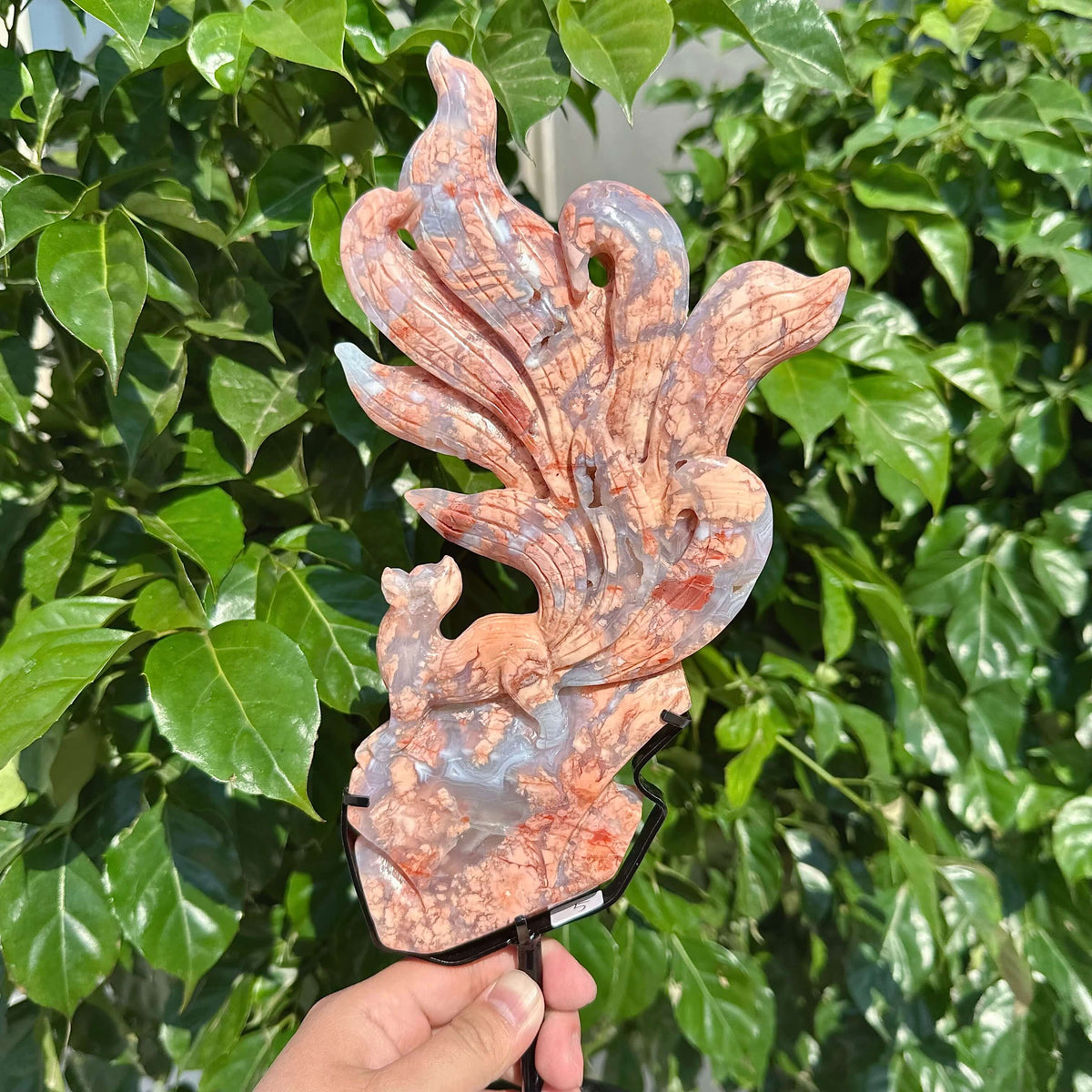 Pink Agate Nine-tailed Fox Carving