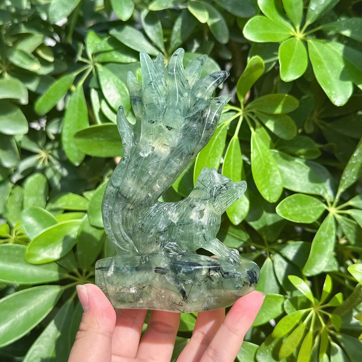 Prehnite Nine-tailed Fox Carving