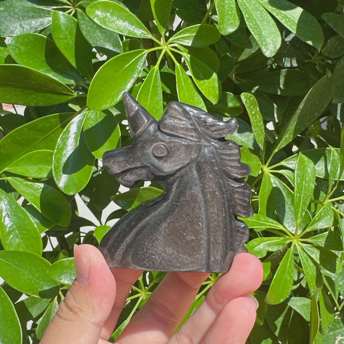 Silver Obsidian Unicorn Carving